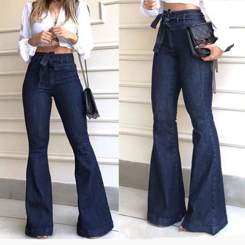 Brownm Festival High Waist Hip Temperament Commute Lace-up Pants Wide-leg Jeans Women's Bell-bottom
