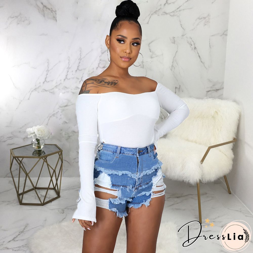 Summer Sexy Patchwork Women Ripped High Waist Holes Stretch Streetwear Plus Size Denim