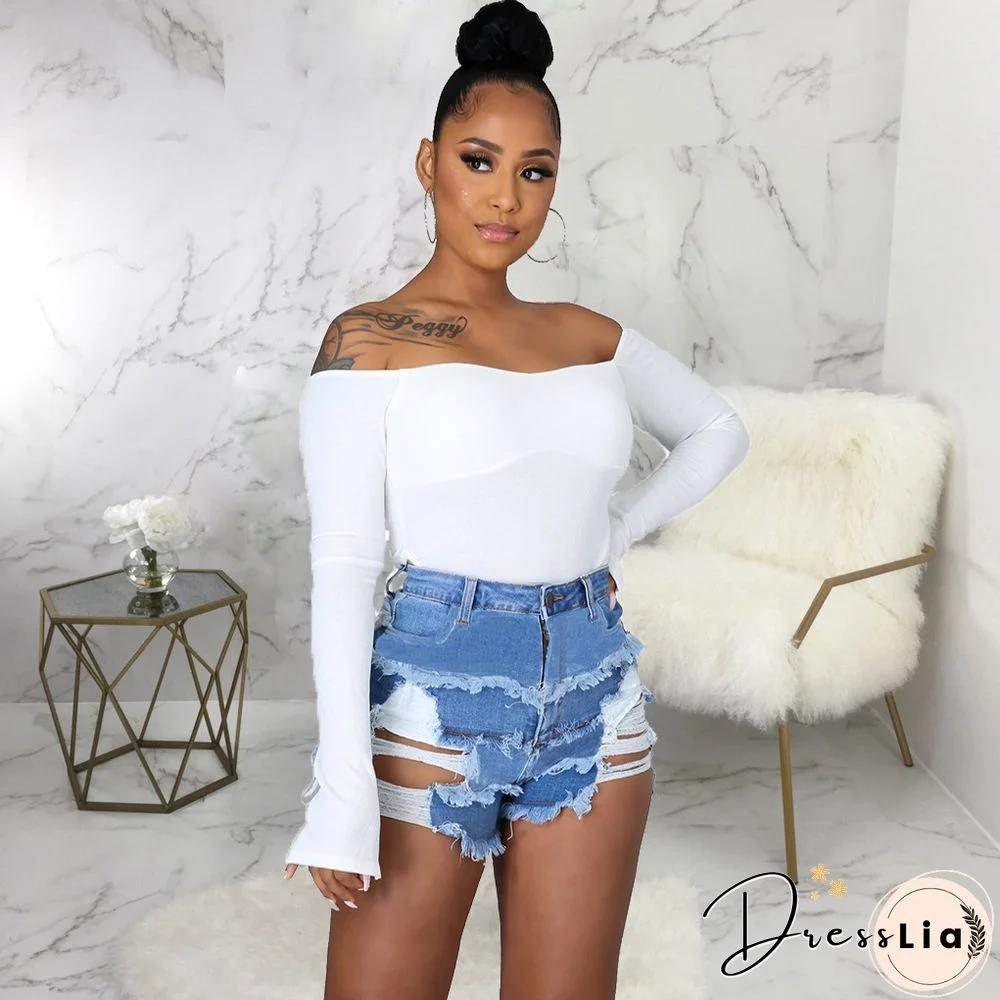 Summer Sexy Patchwork Women Ripped High Waist Holes Stretch Streetwear Plus Size Denim Shorts