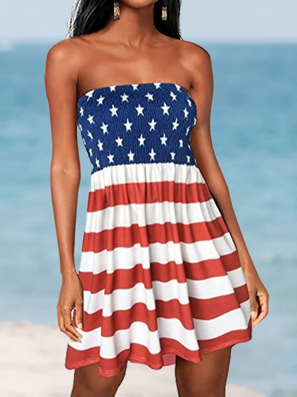 Women's Strapless American Flag Star Striped Print Casual Dress