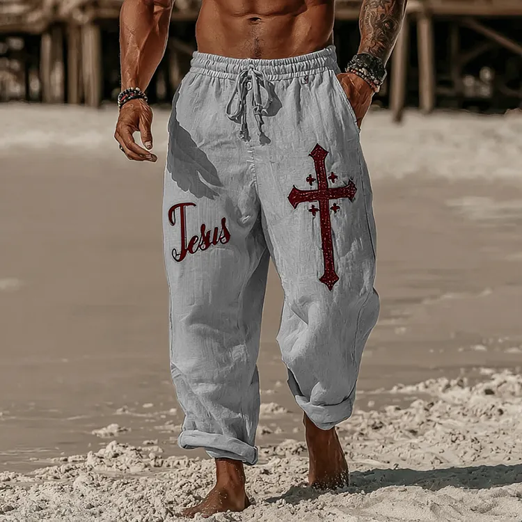 Men's Vintage Faith Cross With Jesus Art Loose And Comfortable Cotton And Linen Pants