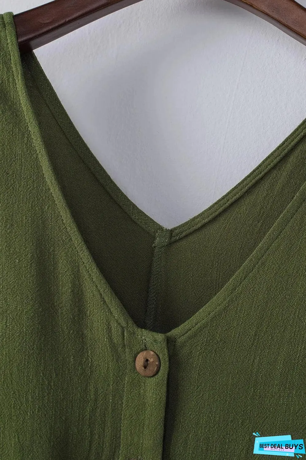 Green Button V Neck Romper with Belt