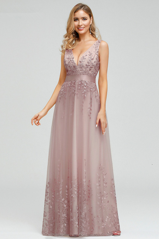 Glamorous V-Neck Sleeve Long Prom Dress Appliques Evening Party Gowns Online - lulusllly
