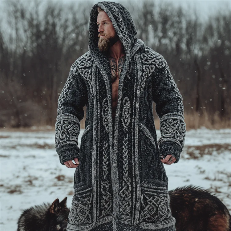Men's Viking Contrast Celtic Knot Chunky Cozy Hooded Long Cardigan