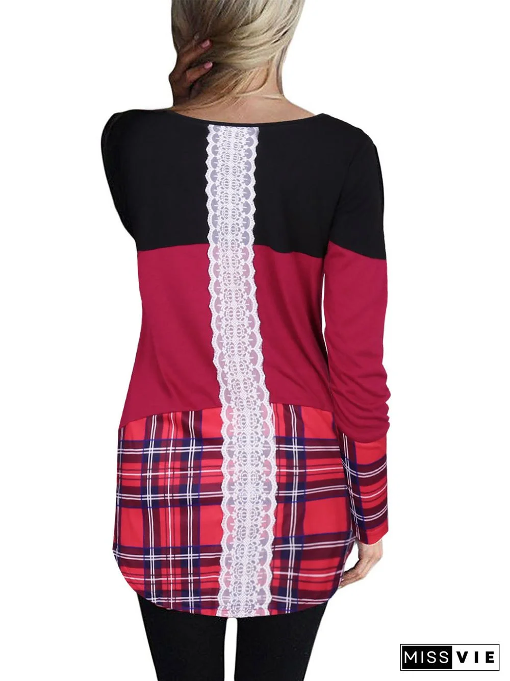 Women's Scoop Neck Long Sleeve Plaid Tops