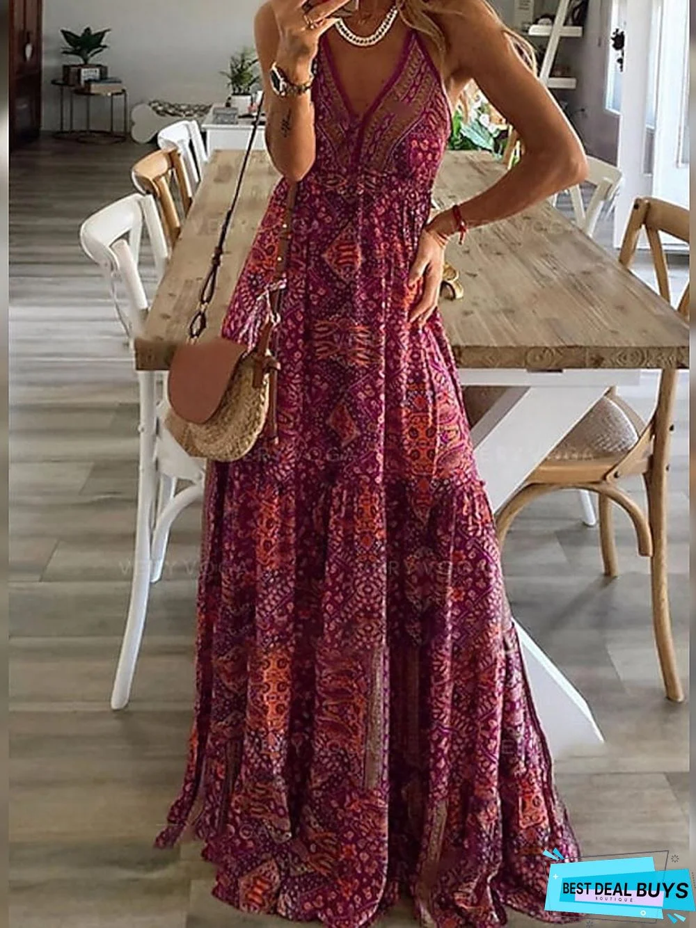Women's Strap Dress Maxi Long Dress Red Fuchsia Green Sleeveless Print Summer V Neck Elegant Sexy