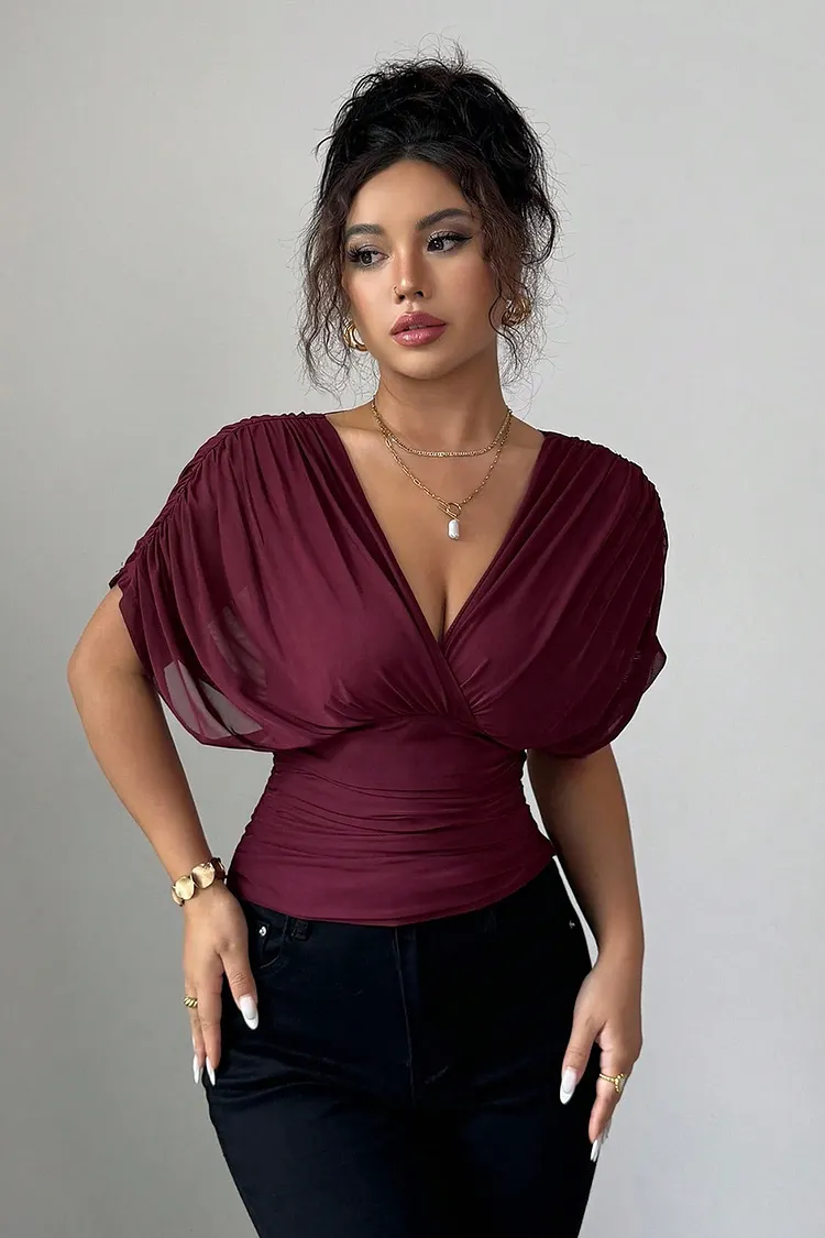 Deep V Neck Smocking Ruched Draped Shoulder Short Sleeve Casual