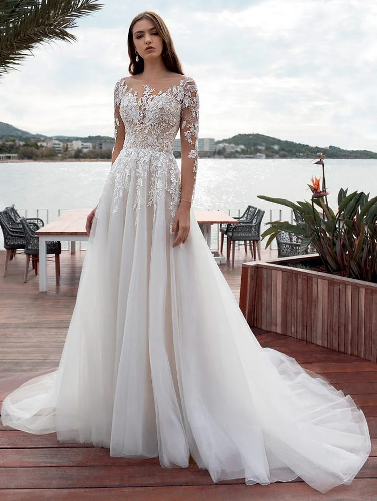Illusion Lace Embroidery Wedding Dress Long Sleeve See Through Floral Applique Bridal Gowns