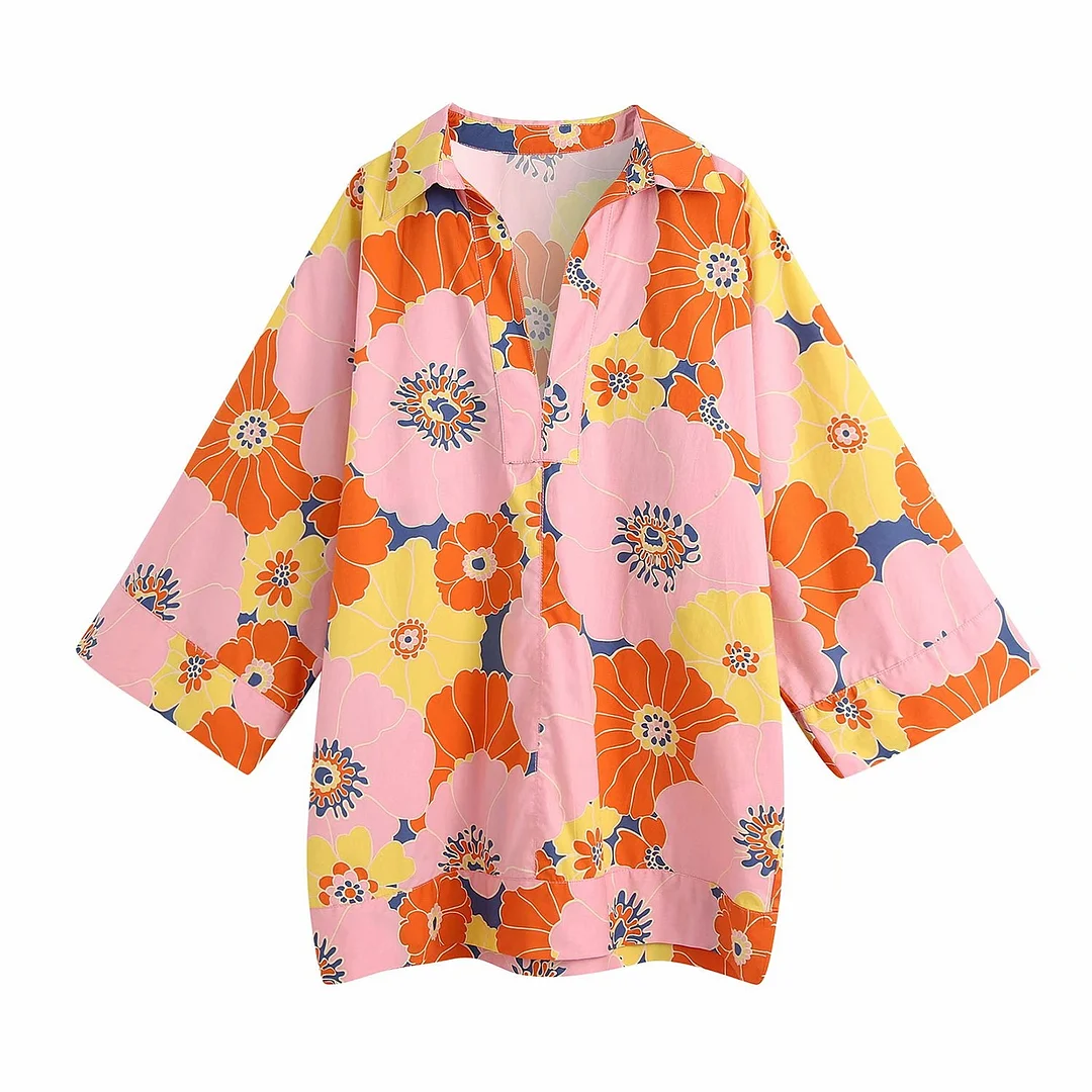 Zevity Women Fashion Colorful Floral Print Casual Loose Shirt Female Batwing Sleeve Kimono Blouse Roupas Chic Blusas Tops LS9343