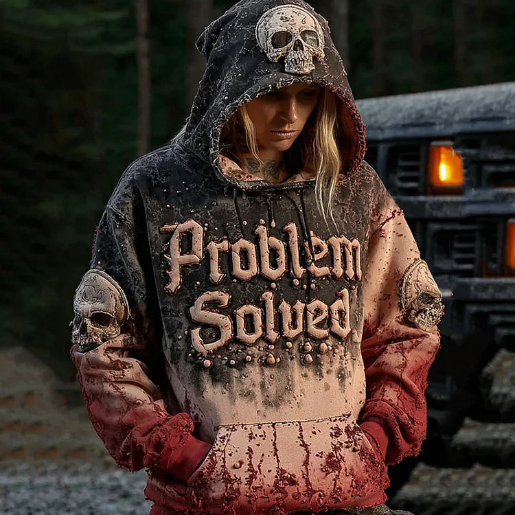 Unisex Vintage Bloody "problem Solved" With Skull Art Hoodie