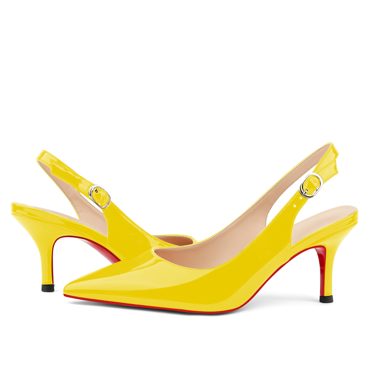 2.36" Women's Pointed Toe Red Bottom Sandals Slingback Shoes Kitten Heel Pumps Patent-MERUMOTE