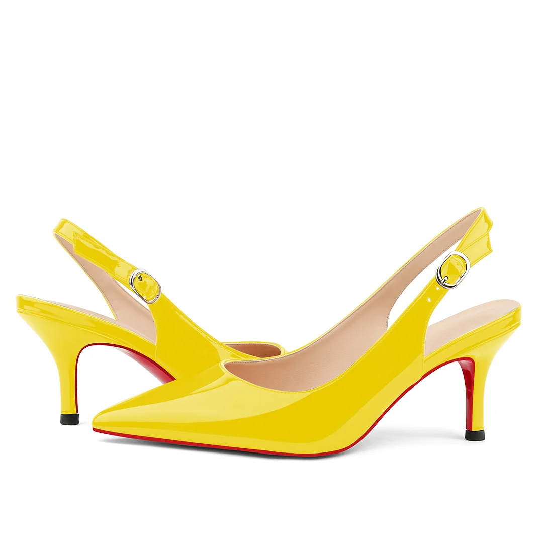 2.36" Women's Pointed Toe Red Bottom Sandals Slingback Shoes Kitten Heel Pumps Patent-MERUMOTE