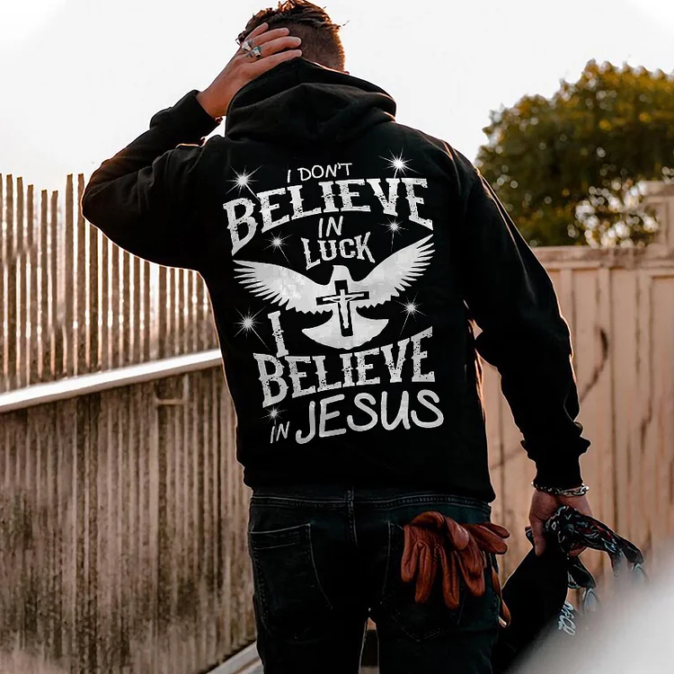 Broswear I Don't Believe In Luck,I Believe In Jesus Print Long Sleeve Hoodie