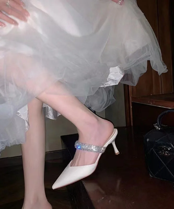 White Stiletto Suede Boutique Slide Sandals Zircon Pointed Toe