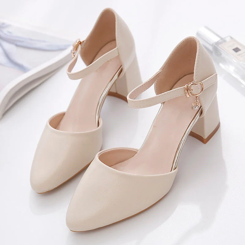 Single Shoes Woman Mid Heels Women Pumps Ankle Strap Buckle Block Heel Footware for Office Lady Beige Apricot