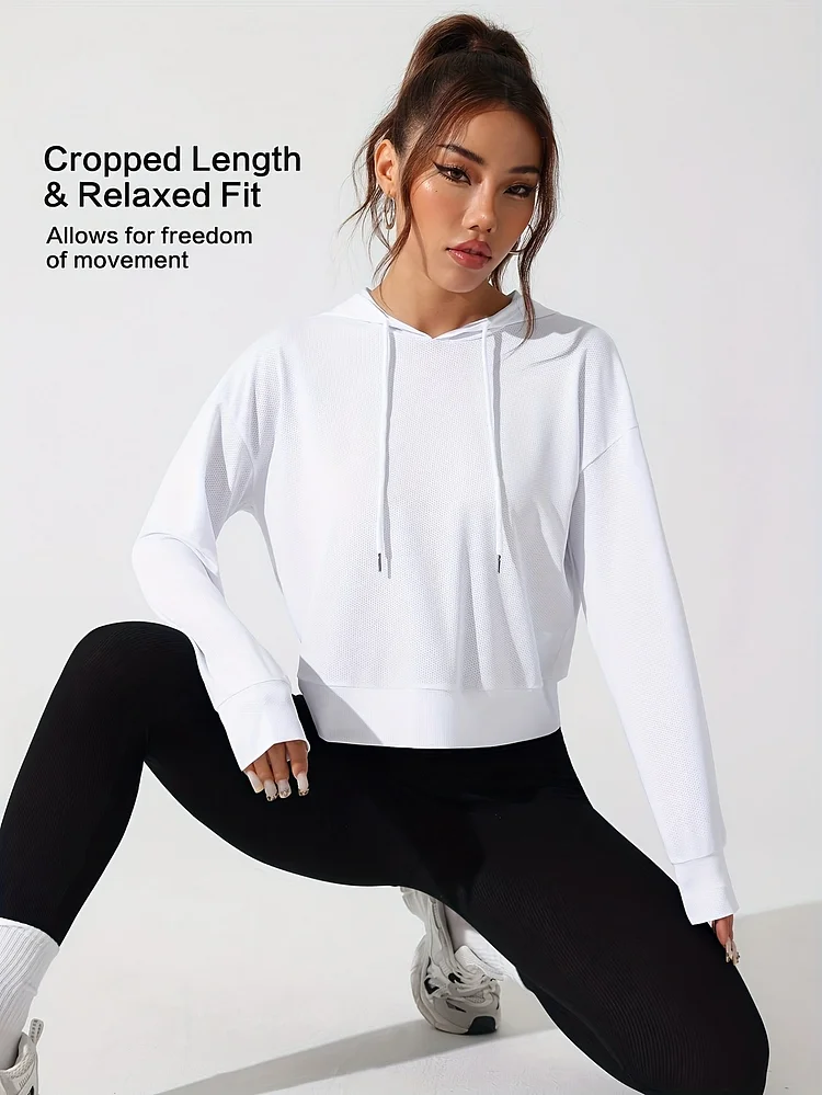 Women's White Polyester Hooded Sports Sweatshirt - Long Sleeve, Backless Design With "Freedom" Print, Breathable Lightweight Athletic Wear For Spring, Autumn | Trendy Pullover | Comfortable Fit, Sweater Hoodie