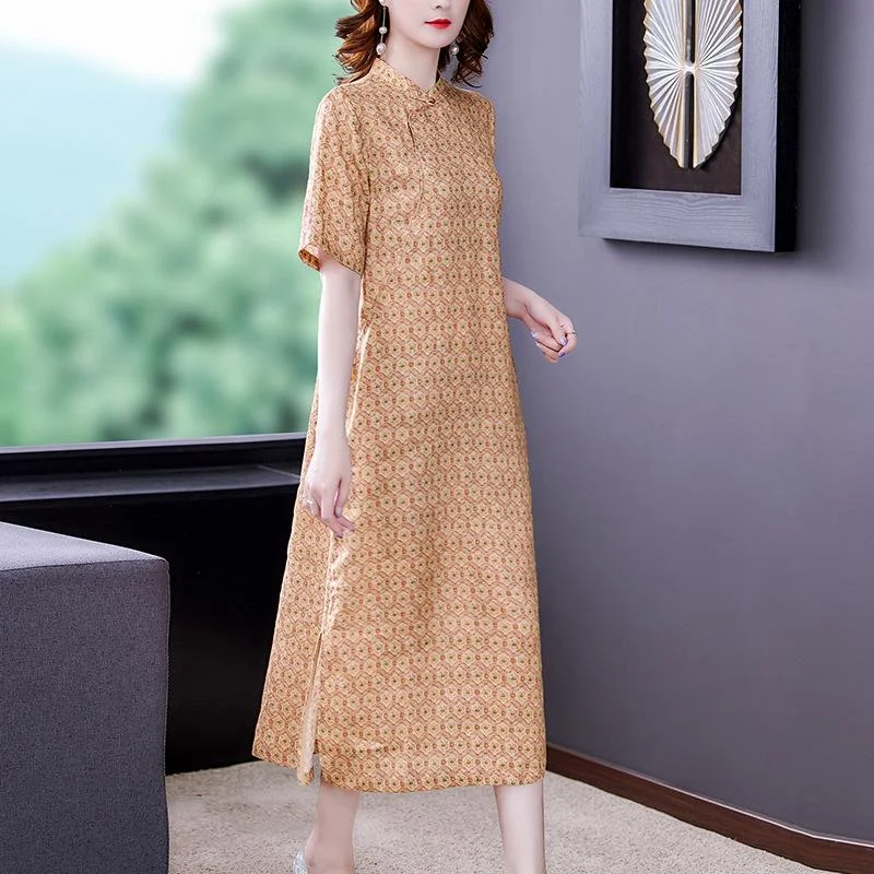 Women's new printed retro short-sleeved cheongsam linen long dress