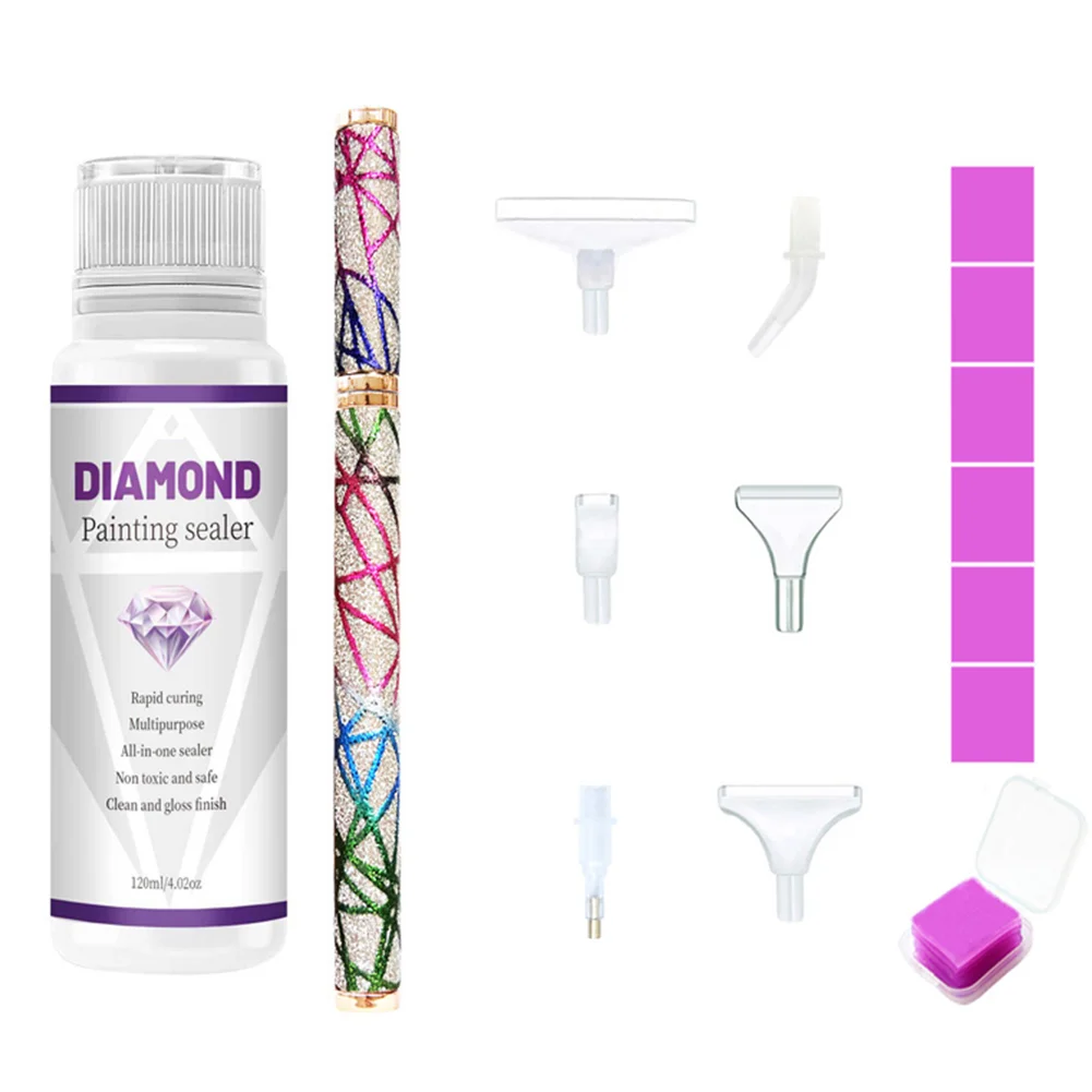 DIY Diamond Painting Glue Tool Canvas Permanent Preservation Sealing Agent 120ml - Colorful dot drill pen + plastic 6 heads + 6 pieces of clay + sealant glue