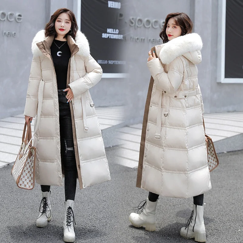 2021 Winter Jackets New Loose Big Fur Collar Mid-length Down Padded Jacket Women's Parka Long Over The Knee Waist Padded Coats