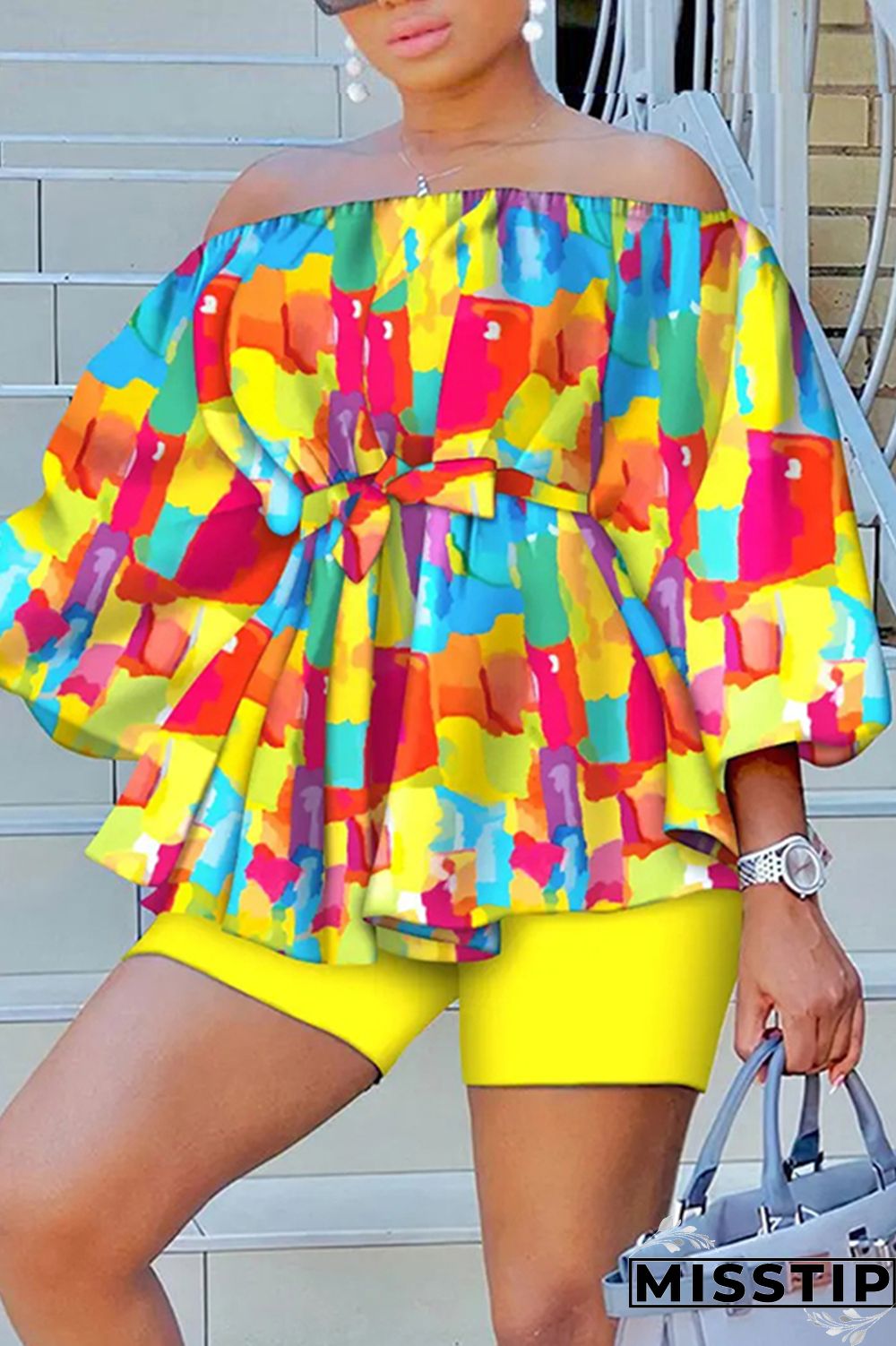 Green Yellow Casual Print Patchwork Off the Shoulder Long Sleeve Two Pieces