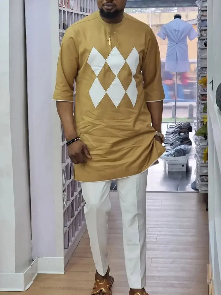 Men's chic casual khaki print two-piece set