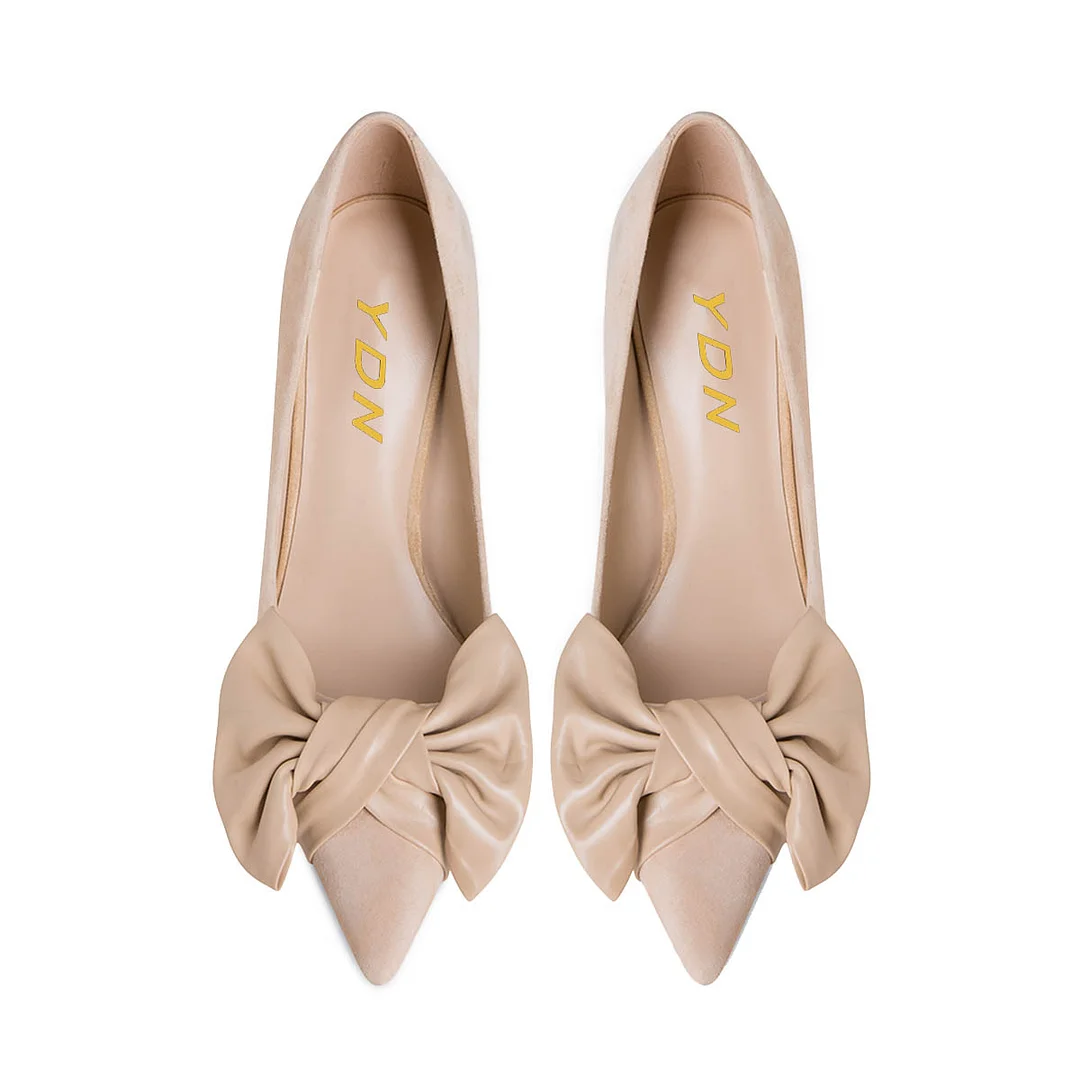Elegant Vegan Suede Pointed Toe Flared Heel Nude Pumps with Bow
