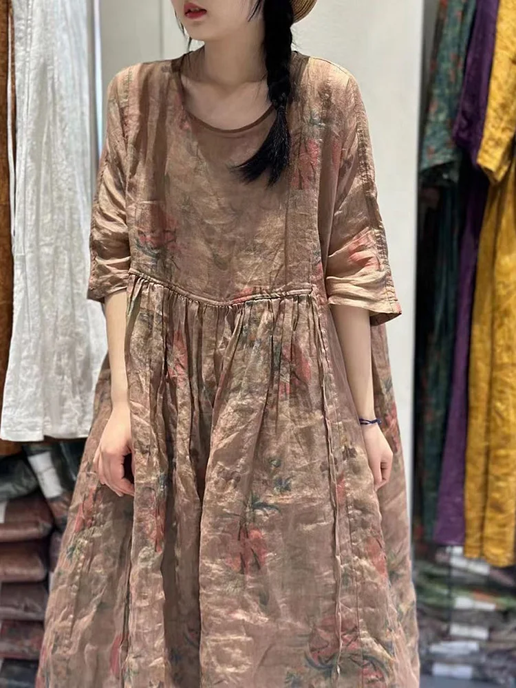 Women Summer Pleat Print Stitching Loose Worn Linen Dress