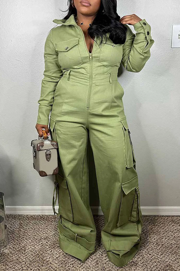 Plus Size Daily Jumpsuits Casual Green Fall Winter Zipper Cargo Cotton Jumpsuits [Pre-Order]