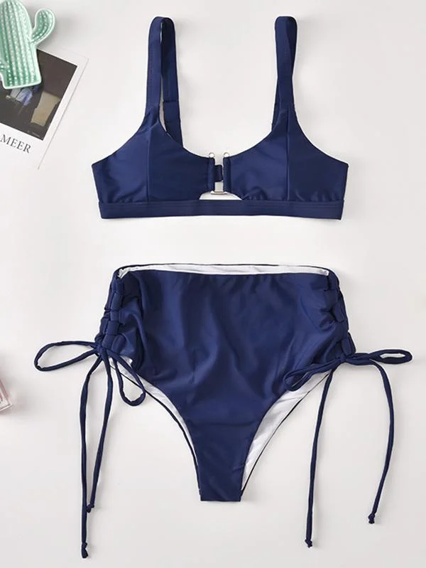 Solid Color Bandage Embellished Split Bikini Swimsuit