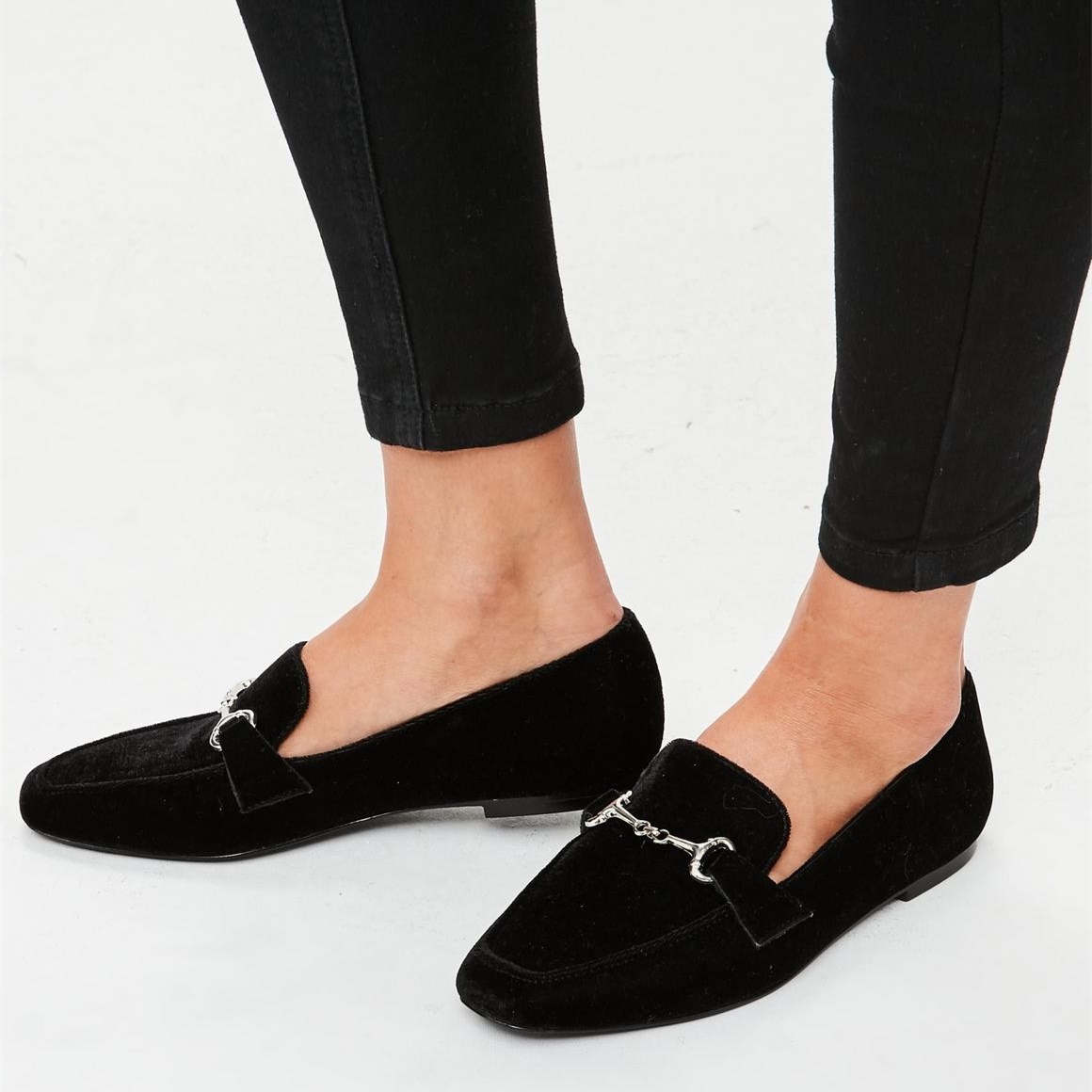 Black Velvet Square Toe Horsebit Flat Loafer Shoes for Women