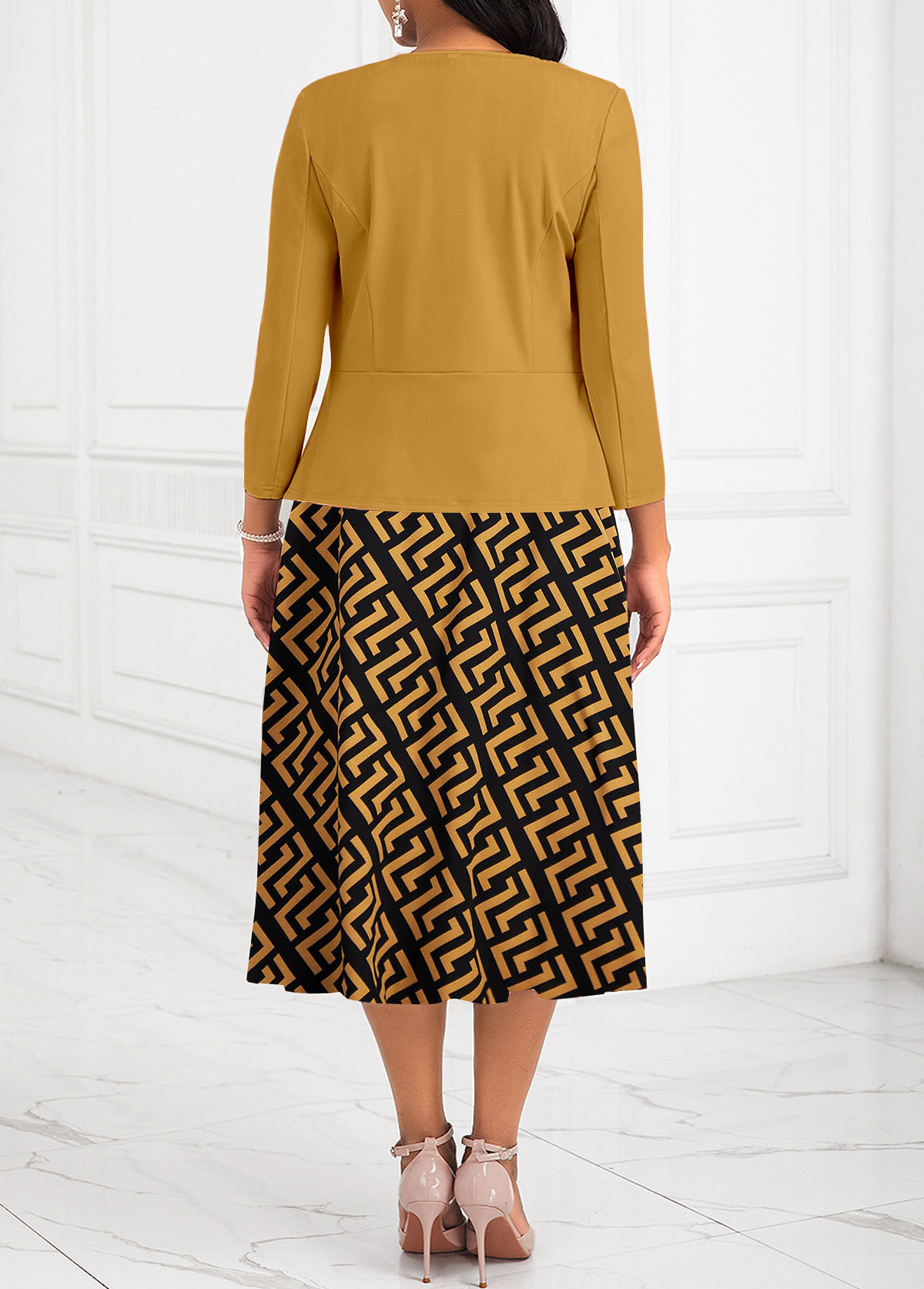 Geometric Print Two Piece Belted Ginger Round Neck Dress and Cardigan