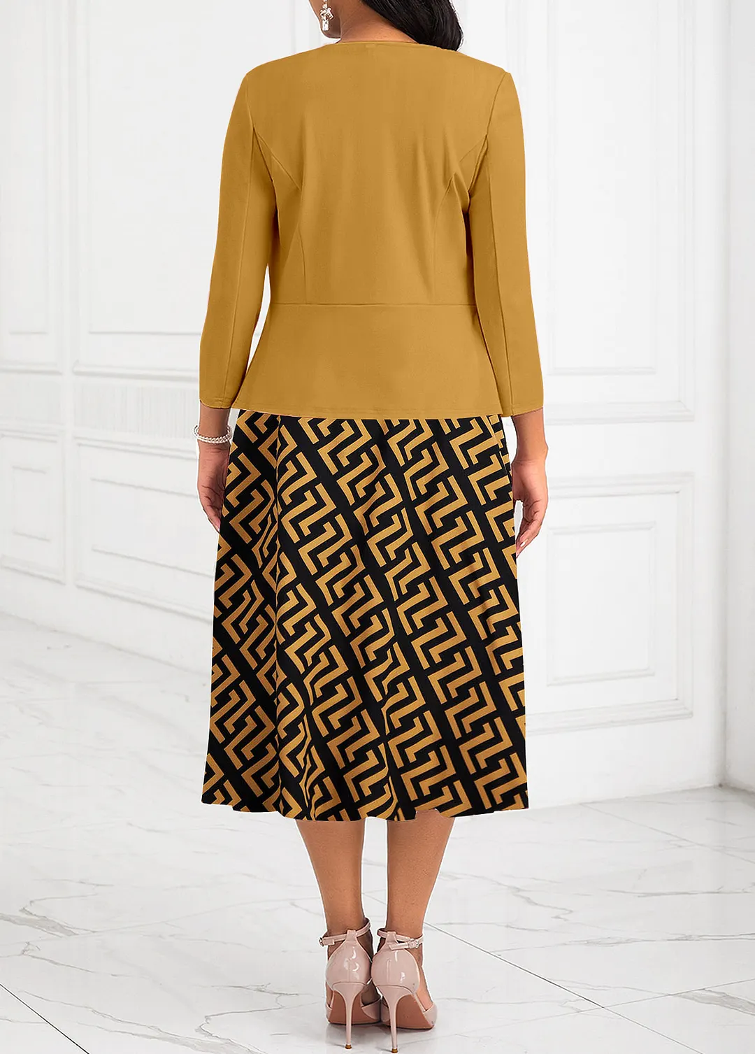 Geometric Print Two Piece Belted Ginger Round Neck Dress and Cardigan