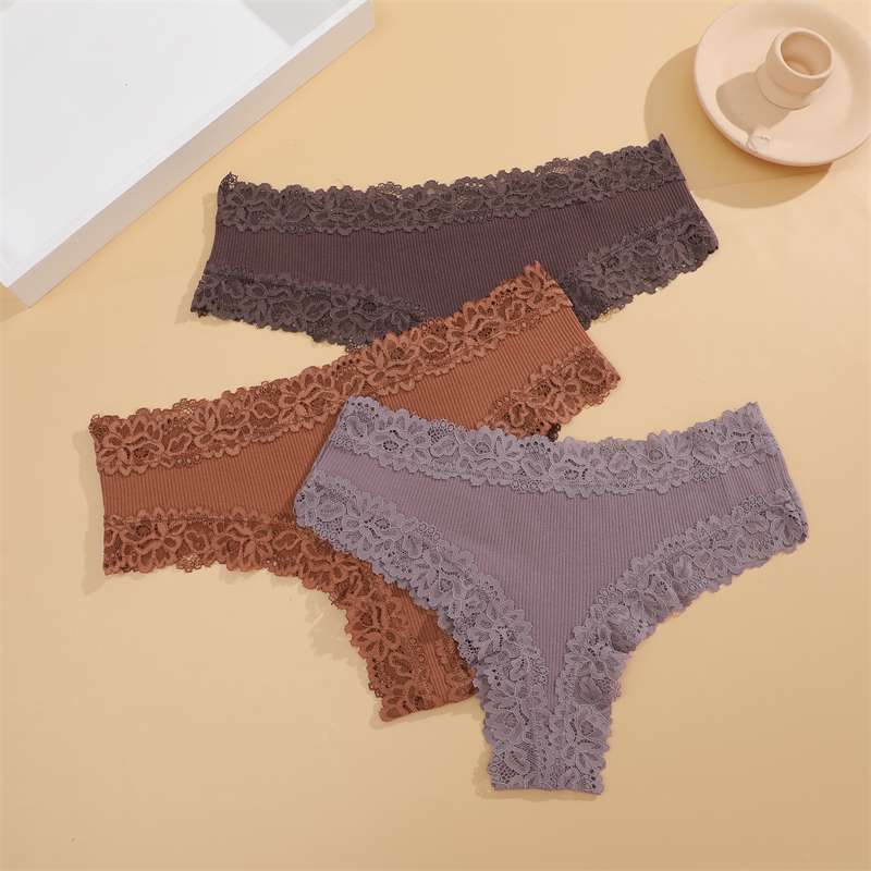 Intbuyer New Lace Seamless Cotton Panties Ribbed Maillard Brazilian Pants LowWaist Women Panties Breathable Girls Underwear Soft Lingerie