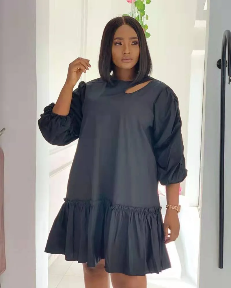 CM.YAYA Women Dress Solid Full Puff Sleeve O-neck Cut Out Zip Ruffles Loose Mini Dresses Fashion Casual Vestidos Summer Outfits