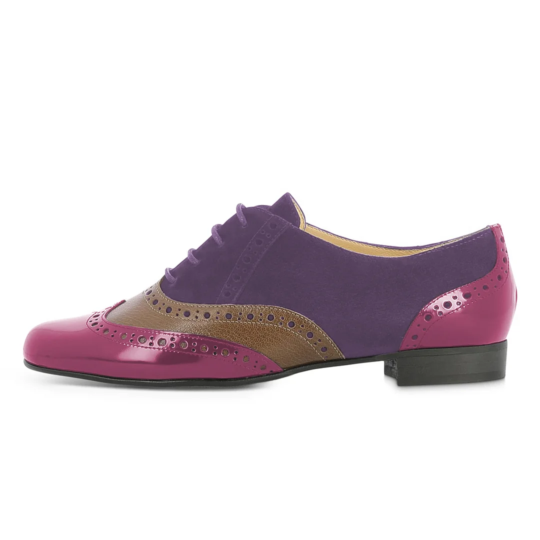 Purple Vegan Leather Round Toe Lace-Up Colorful Oxford Shoes for Women