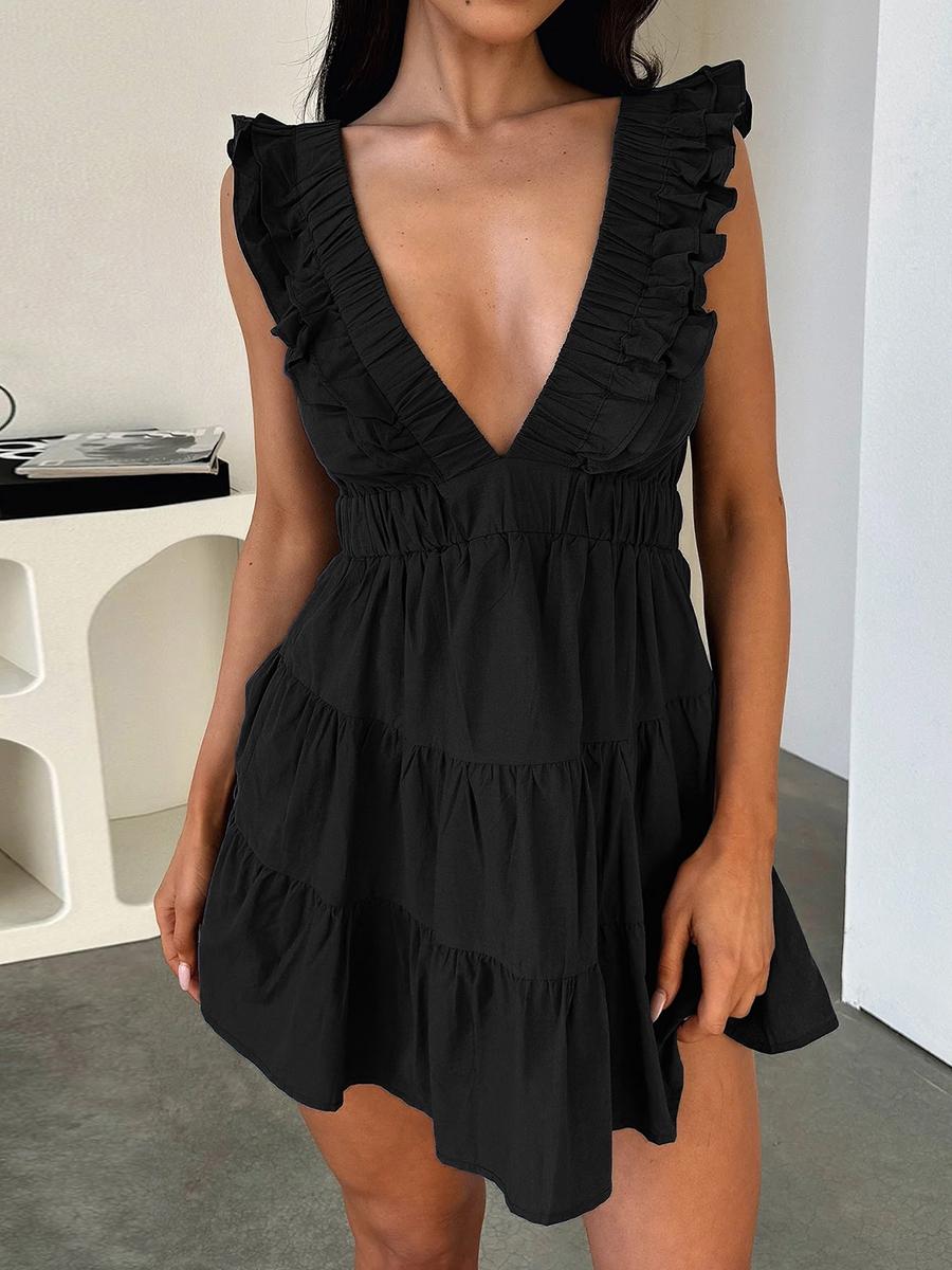 Casual Dress for Summer, Breathable Women's Fitted Plain Deep V Neck Ruffled Dress, Women's Clothes for Daily Wear, Womenswear