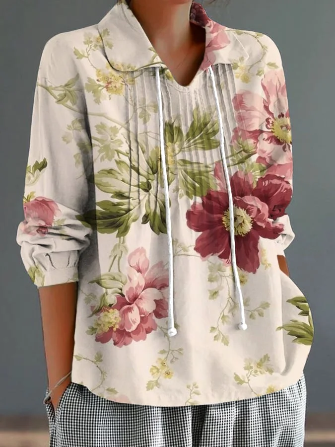 Women's Botanical Floral Design Lapel Pleated Lace-Up Long-Sleeved Loose Versatile Shirt