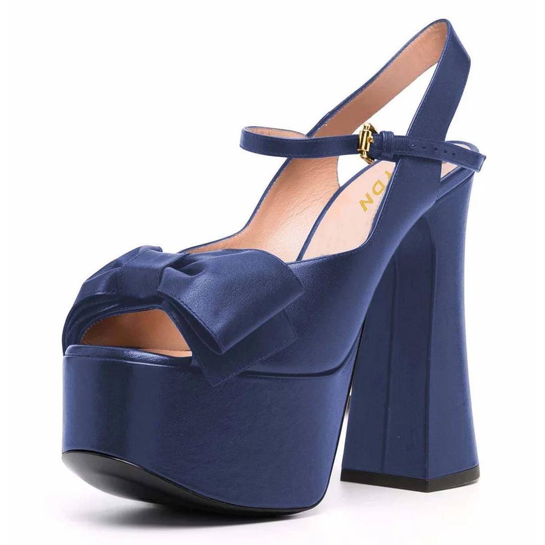 Navy Peep Toe Bow Decor Chunky Heel Ankle Strap Platform Sandals