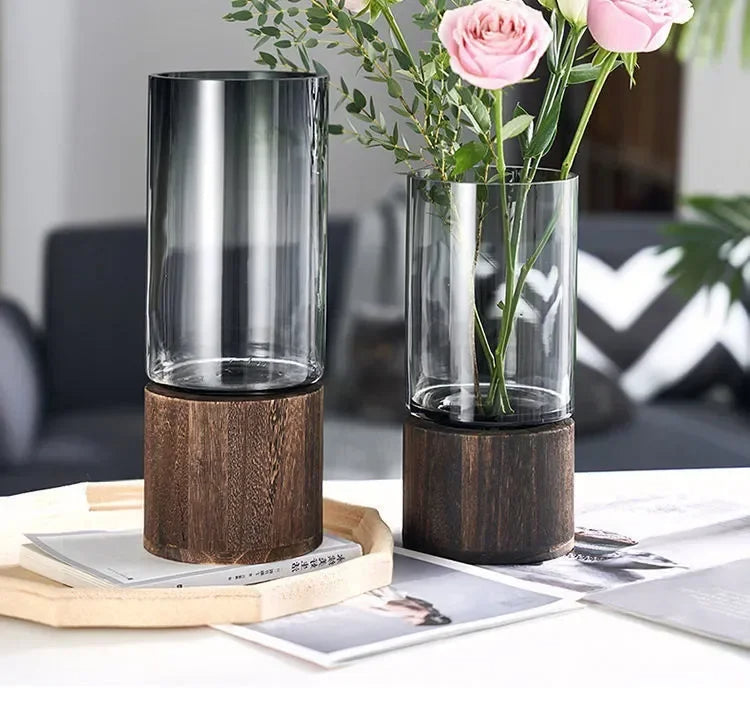 Minimalist Glass Vase with Wooden Base – Elegant Hydroponic Planter