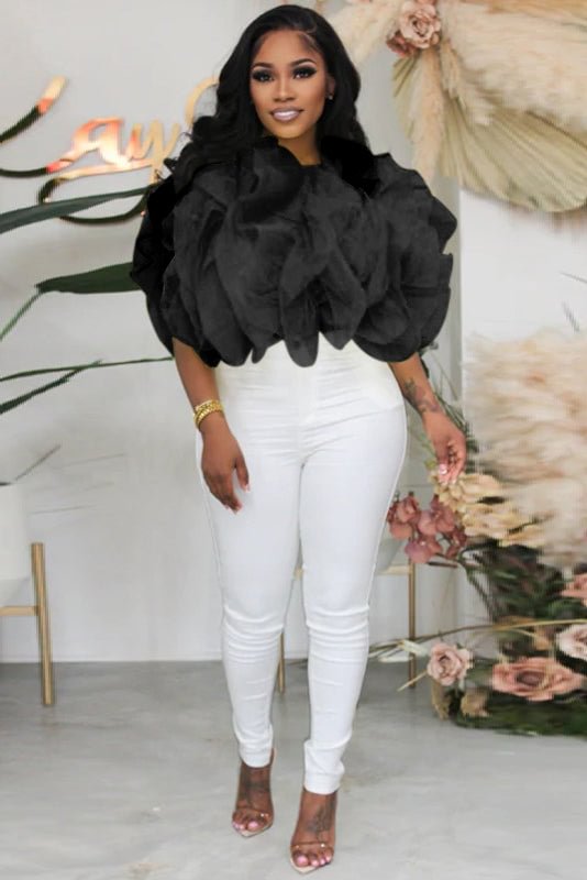 Layered Tulle Petal Sleeve Cropped Top