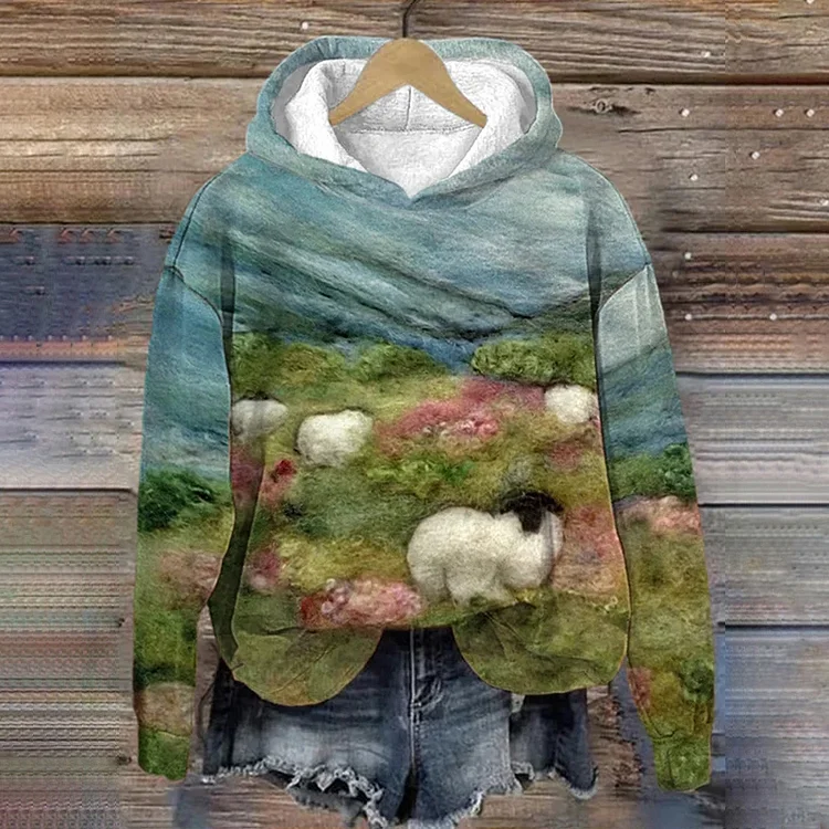Comstylish Women's Sheep in the Meadow Printed Casual Hoodie