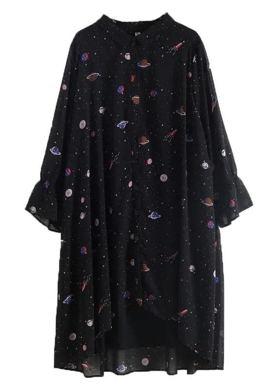2021 Spring Summer Black Chiffon Flared Sleeve Floral Dress