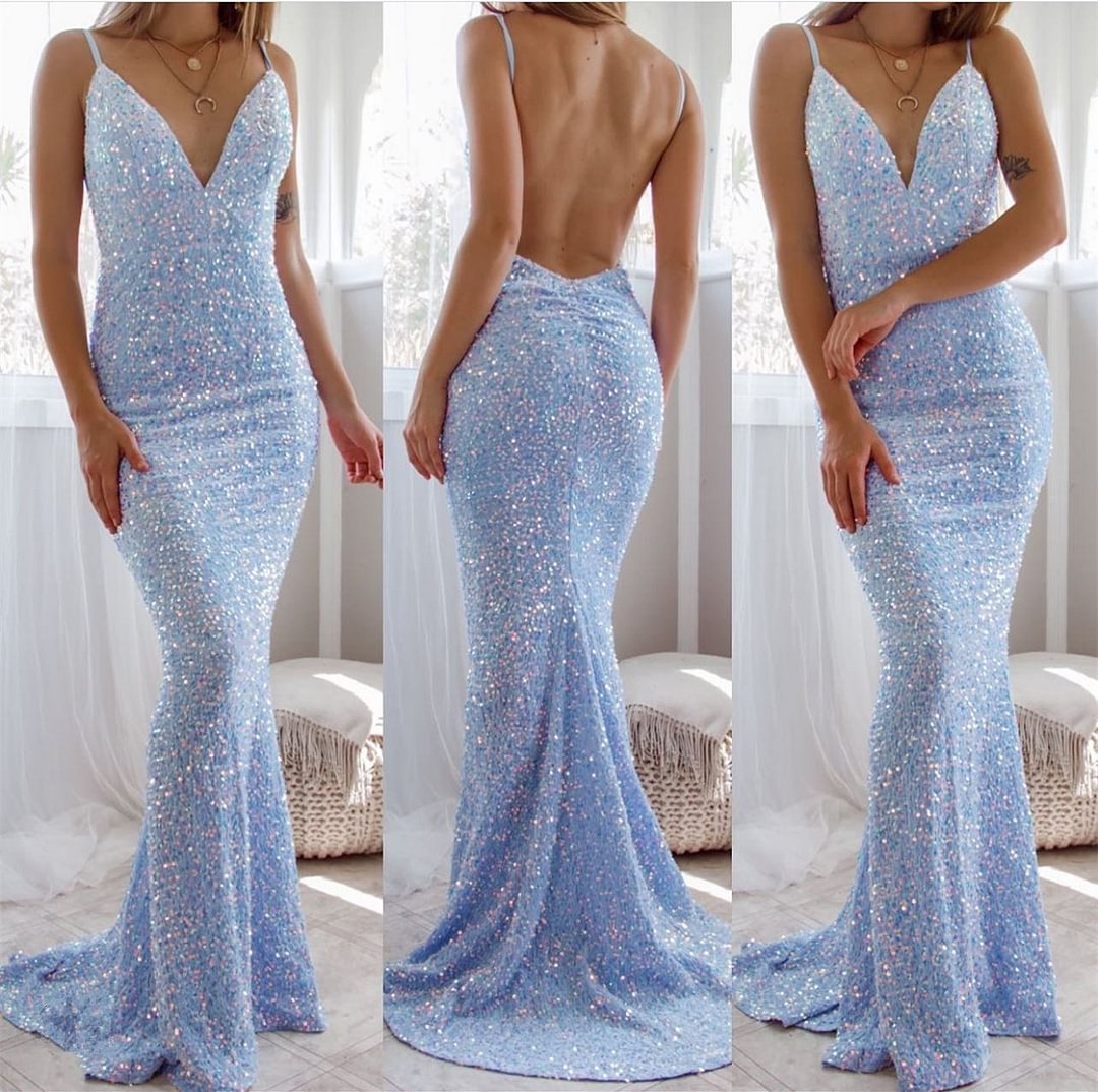Spaghetti-Straps Long V-Neck Mermaid Prom Dress With Sequins | Ballbellas Ballbellas