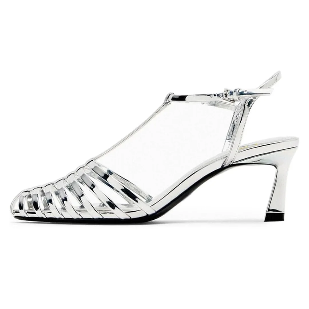 Pointed Toe Stiletto Heel Cut Out T-Strap Silver Sandals with Buckle