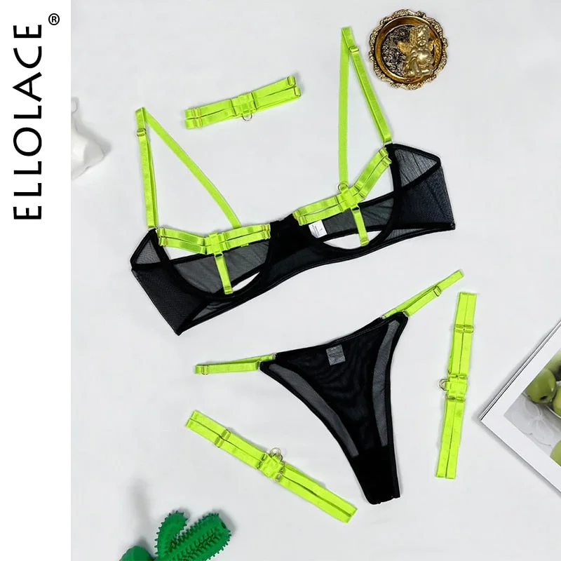 Ellolace Lingerie Sexy Hollow Out 4-Piece Exotic Costumes Sensual See Through Outfits For Woman Neon Green Porn Bottom Whore