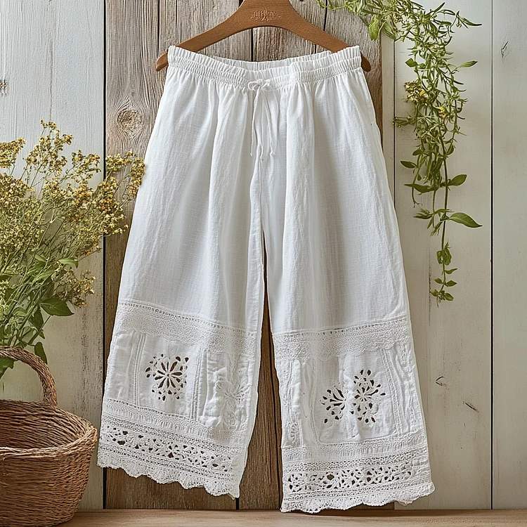 Fashion Hollow Lace Embroidery Linen Casual Pants