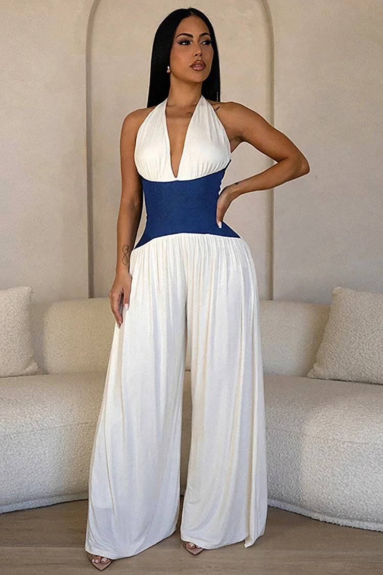 Colorblock Cinch Waist V Neck Halter Wide Leg Jumpsuit-White
