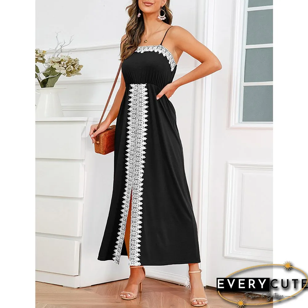 Black Spliced Lace Trim Spaghetti Straps Dress