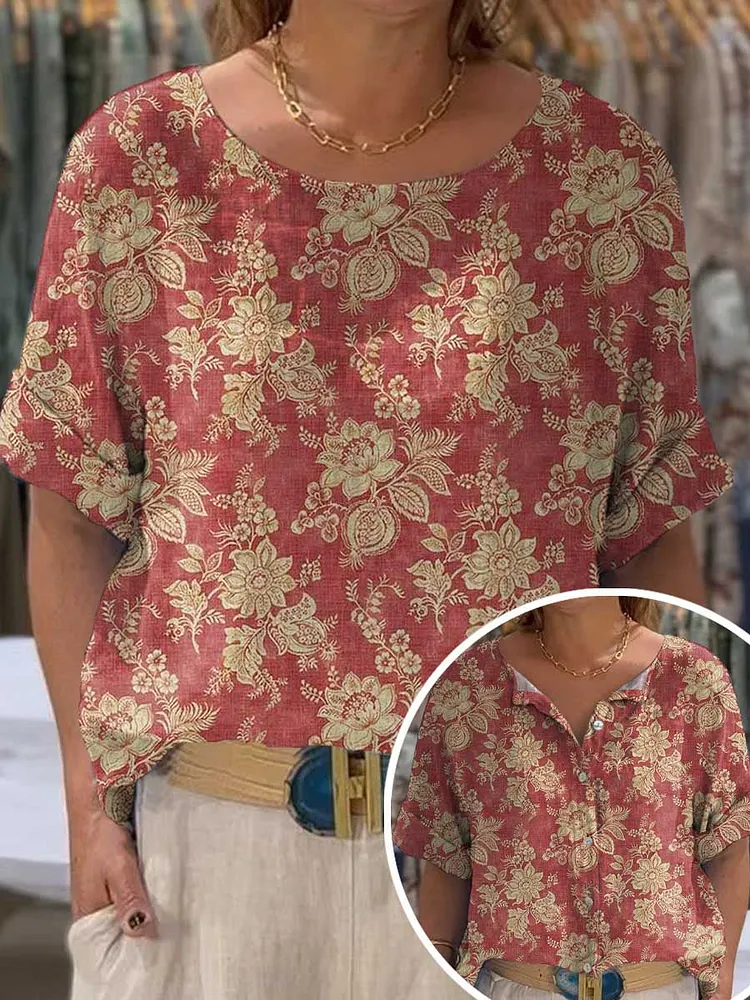 Women's Vintage Lovely Floral Art Print Front And Back Wear Short Sleeve Cotton Shirt