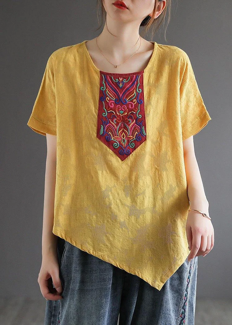 Italian Yellow Retro Embroideried Summer Shirt Short Sleeve